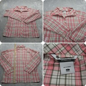 Columbia Jacket Womens Large Pink Plaid‎ Lightweight Packable Full Zip Rain Coat